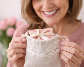 Mother's Day Gift Bag, Linen Jewelry Pouch for Mom, Small Drawstring Gift Bag, Natural Linen Gift Wrap, Eco Friendly Gift Packaging