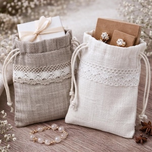 100% Linen Jewelry Pouch, Lace Trim Drawstring Gift Bag, Eco Friendly Packaging