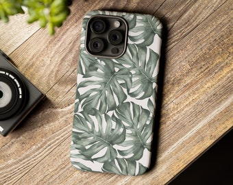 Monstera Leaf-telefoonhoesje: tropisch botanisch ontwerp, dubbellaagse bescherming