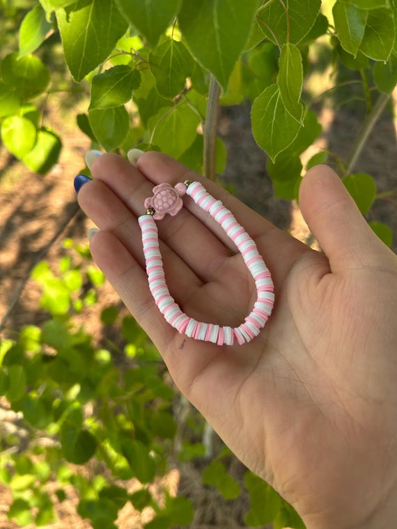 Pink Turtle Clay Bead Bracelet