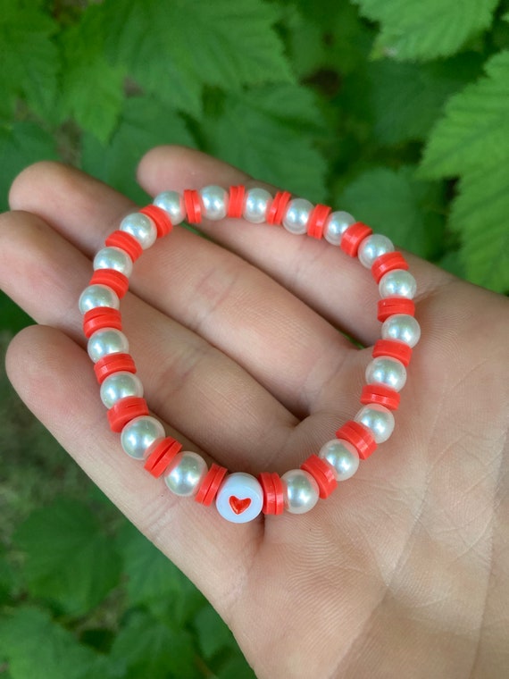 Red Heart Pearl Clay Bead Bracelet