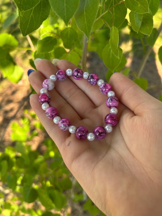 Pink Pearl Marble Glass Bead Bracelet