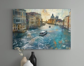 Puede incluir: Una pintura de un canal en Venecia, Italia. El canal está bordeado de edificios y hay un barco en el agua. El cielo es azul y hay nubes en el cielo.