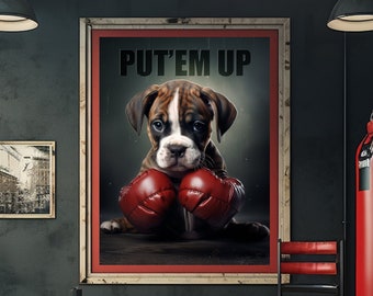 Boxer Puppy Boxing Gloves Art Print: Playful Pup Sparring (Digital Download)