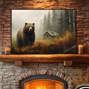 Grizzly Bear log cabin Nature-scape, Framed Canvas Wall Art, Majestic Grizzly, Great addition to a game room, Log Cabin, office or man cave