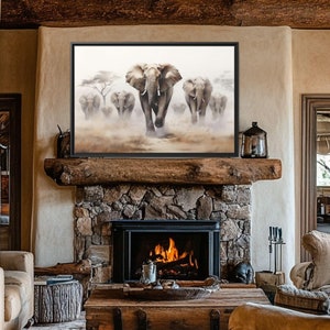 Arte de pared de elefante abstracto, manada de elefantes africanos en la bruma matutina de la sabana, decoración de vida silvestre inspirada en la naturaleza para su cabaña, bar o habitación de niños.