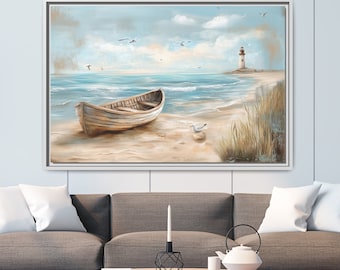 Coastal Lighthouse Canvas Art: Beach Scene with Rustic Boat