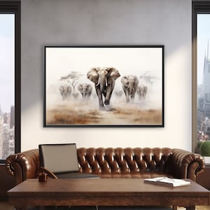 Abstract Painting, Elephant Stampede, Serengeti Animals, Herd of Elephants in the Savanna, High quality image printed on Canvas Wall Art