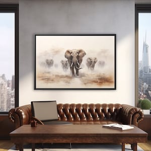 Elephant Stampede, Herd of Elephants in the Savanna, Serengeti Animals, Abstract Painting, High quality image printed on Canvas Wall Art