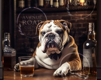 English Bulldog, Whiskey Bulldog, Man Cave Art, Bar Decor, Veterinary Office Art, Whiskey Dog, Whiskey-loving Buddy, English Pub Dog