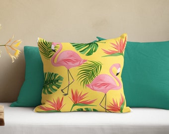 Almofada Flamingo Rosa: Folha de Palmeira Tropical, Decoração de Pátio Amarela