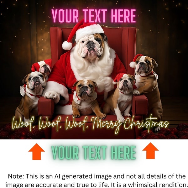 English Bulldog Santa Claus Digital Christmas Poster. Customize this adorable Santa and his Helpers with your text and Holiday sentiments