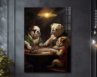 Bulldogs Playing Poker Canvas Wall Art: Whimsical Pub Scene