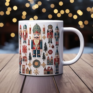 May include: White ceramic mug featuring a colourful Christmas nutcracker design. The mug depicts a variety of nutcrackers, snowflakes, and other festive elements.