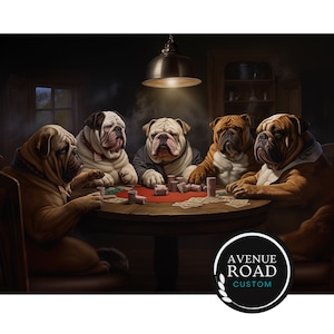 May include: Five bulldogs wearing suits are sitting around a table playing cards. The table is covered in a green felt and has chips and cards on it. The bulldogs are all looking at the cards in front of them. The room is dimly lit and there is a light hanging from the ceiling. The bulldogs are all wearing suits and ties. The image is a humorous depiction of a group of friends playing cards.