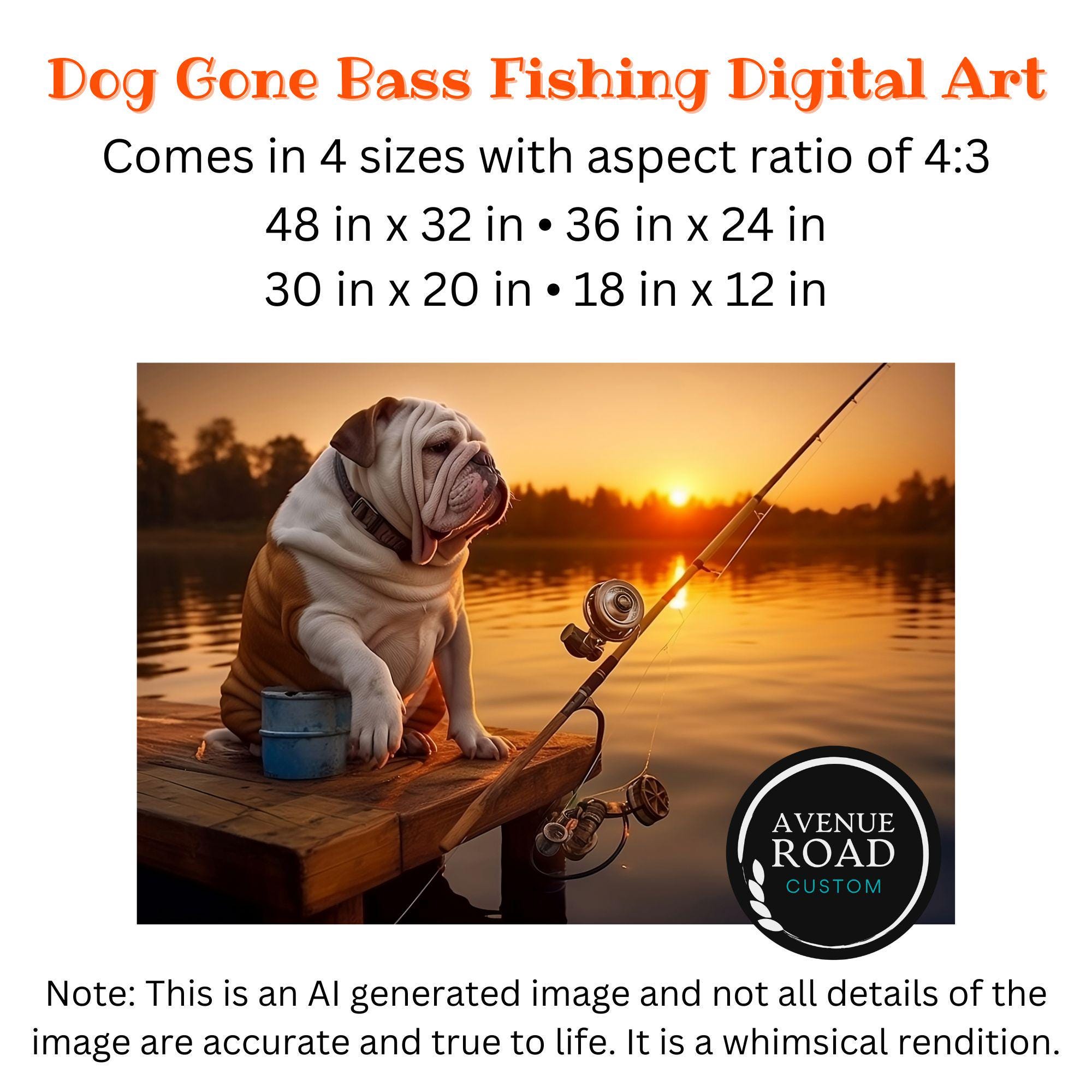 bulldog fishing pole Bulldog Bass Fishing Sunset Poster: Dockside Dog Art (digital Download)