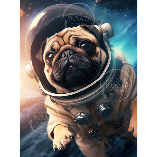 Chien carlin, astronaute carlin, chien de l'espace, carlin mignon, maman carlin, papa carlin, cadeau amusant, affiche murale, art de cadre photo, art numérique, cadeaux canins