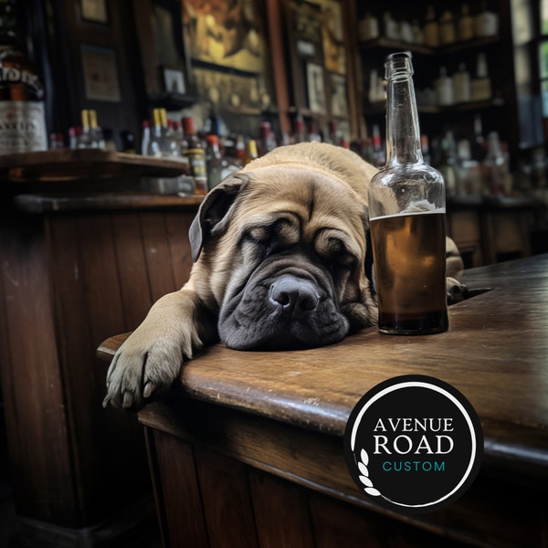 Bull Mastiff Hungover at Bar Digital Poster, Mastiff at the Pub drinking Whiskey, Man Cave Art, Bar Decor, Game room fun accent piece