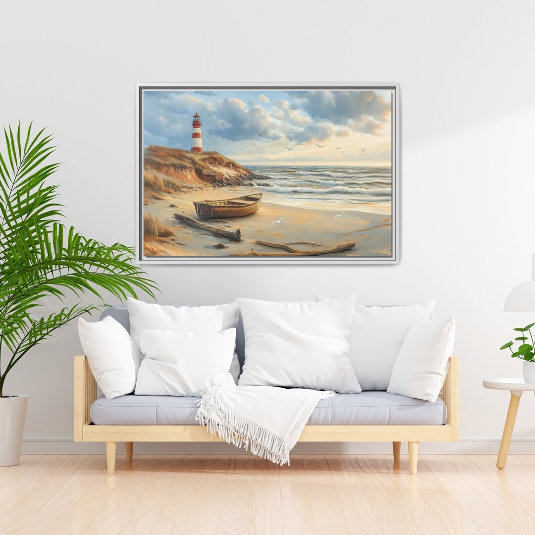 Lighthouse Coastal Wall Art Peaceful Beach Scene, Rustic Boat, Gentle