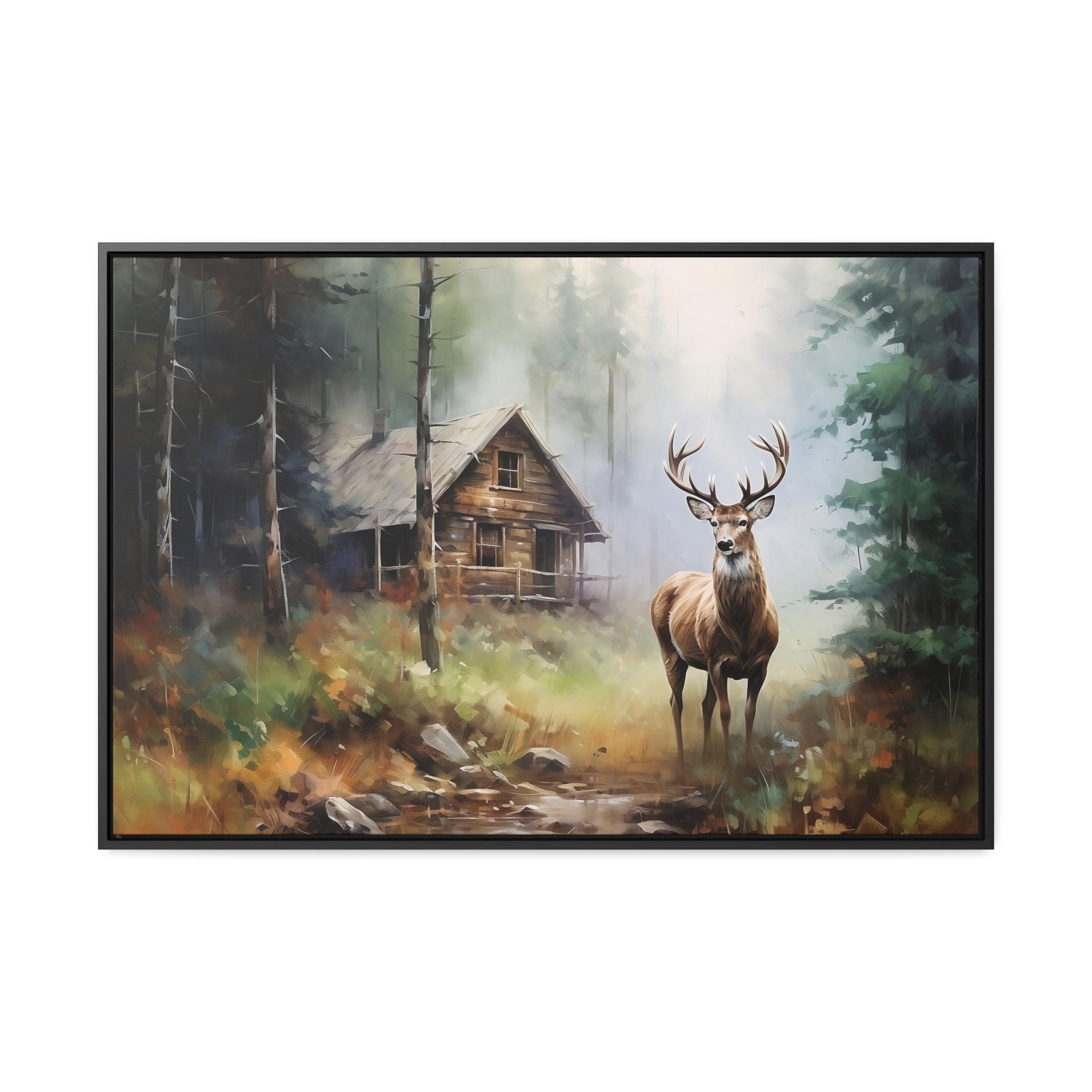 Majestic Stag Canvas Art: Riverside Log Cabin, Morning Mist - Etsy