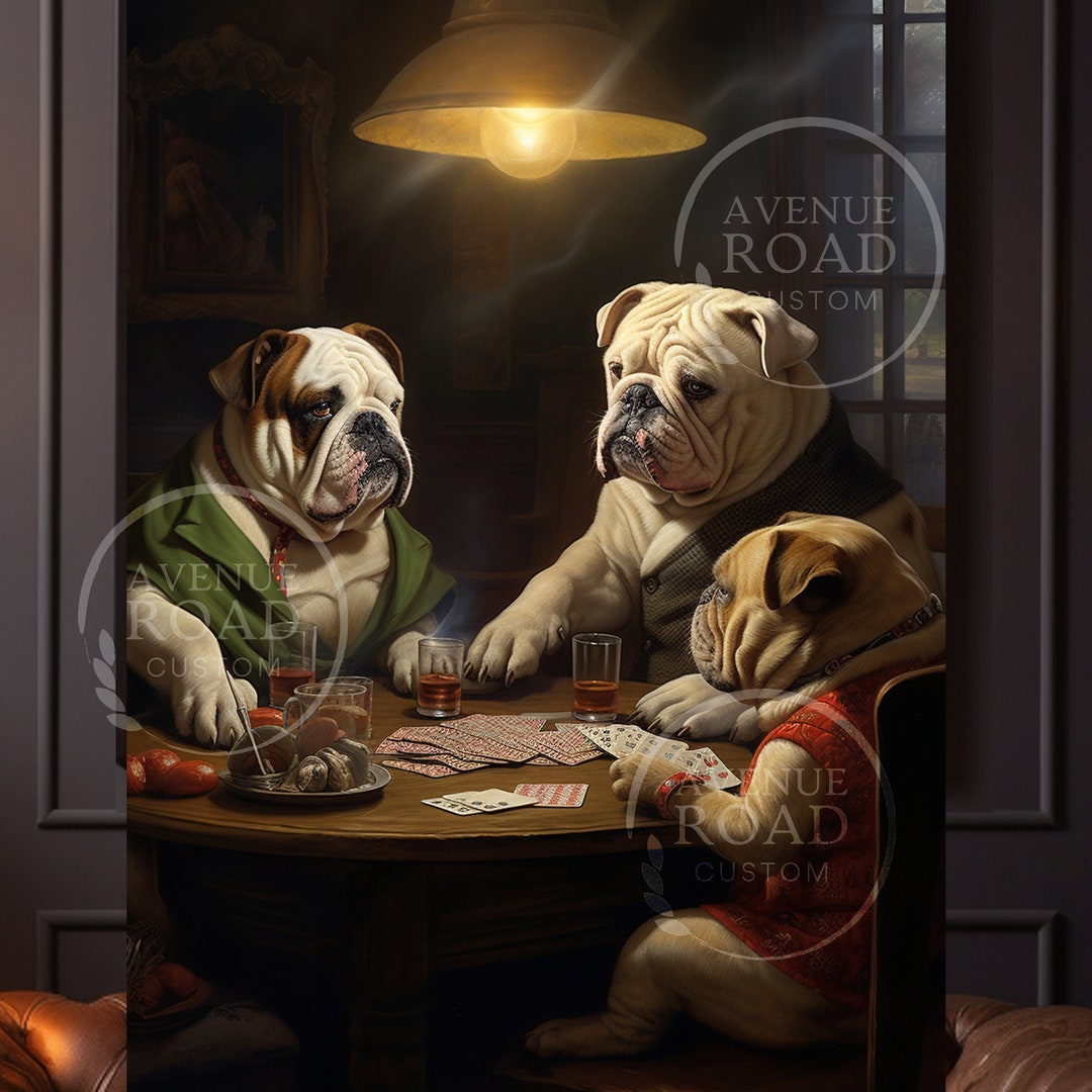 English Bulldog, Poker Game Bulldog, Man Cave Art, Poker Room Bulldogs