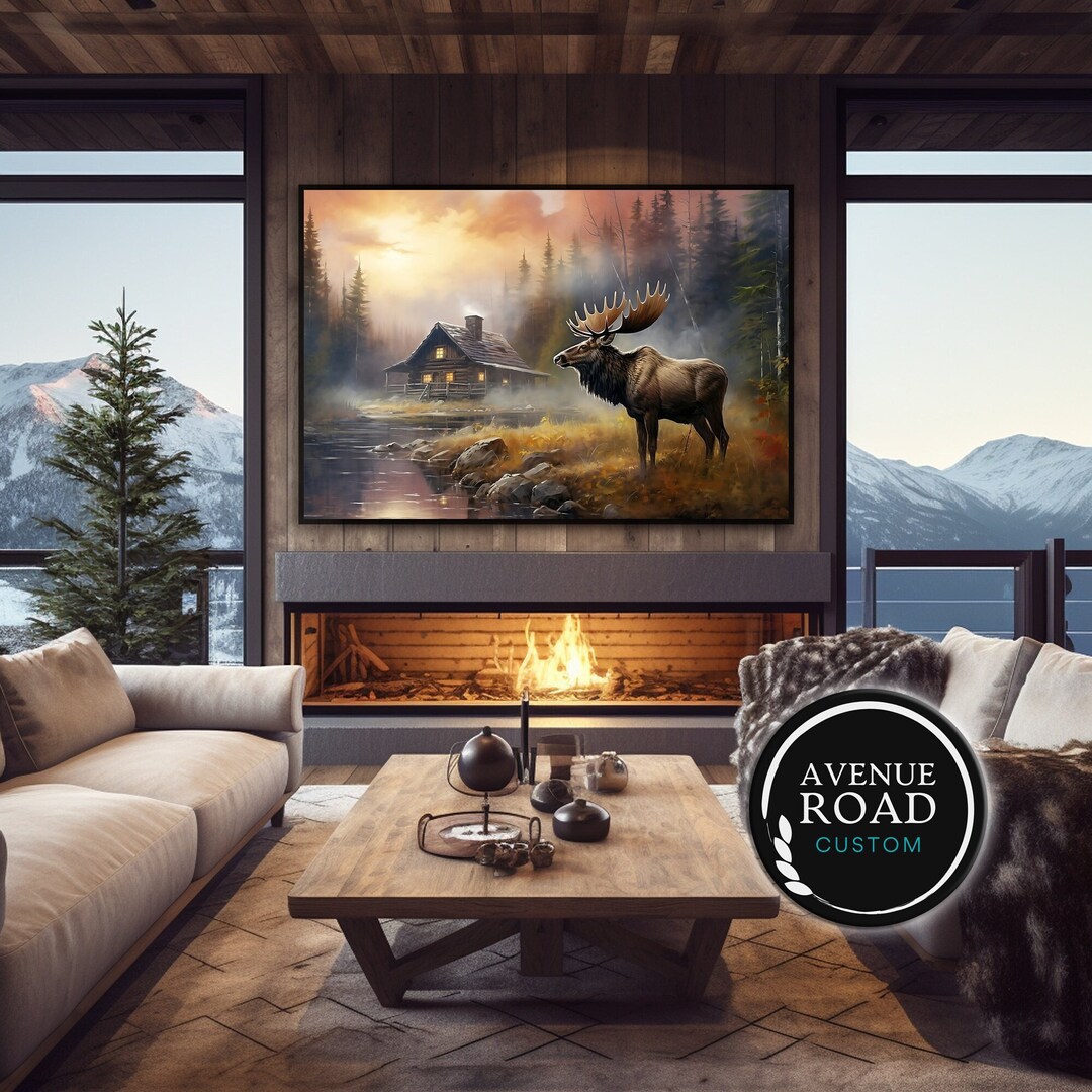 Moose Log Cabin Canvas Art: Sunset Nature-scape - Framed Wall Decor - Etsy