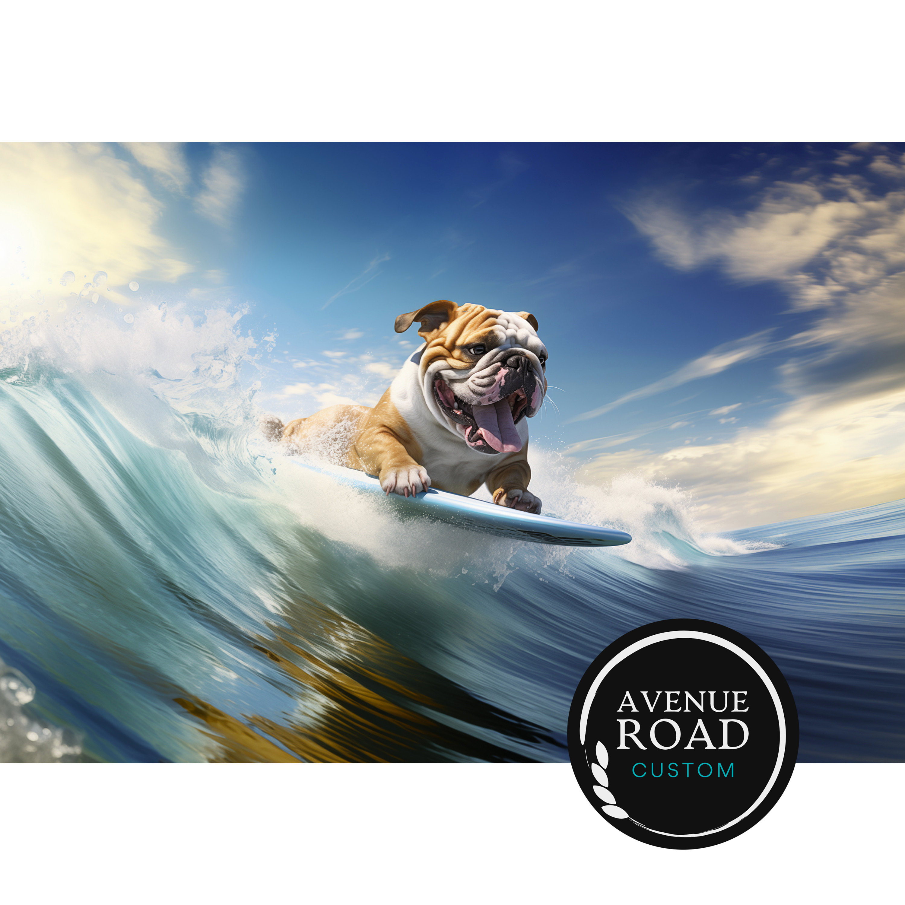 Surfing Bulldog Art Print: Joyful English Bulldog on Wave (digital