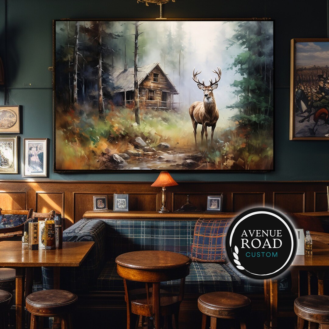 Majestic Stag Canvas Art: Riverside Log Cabin, Morning Mist - Etsy