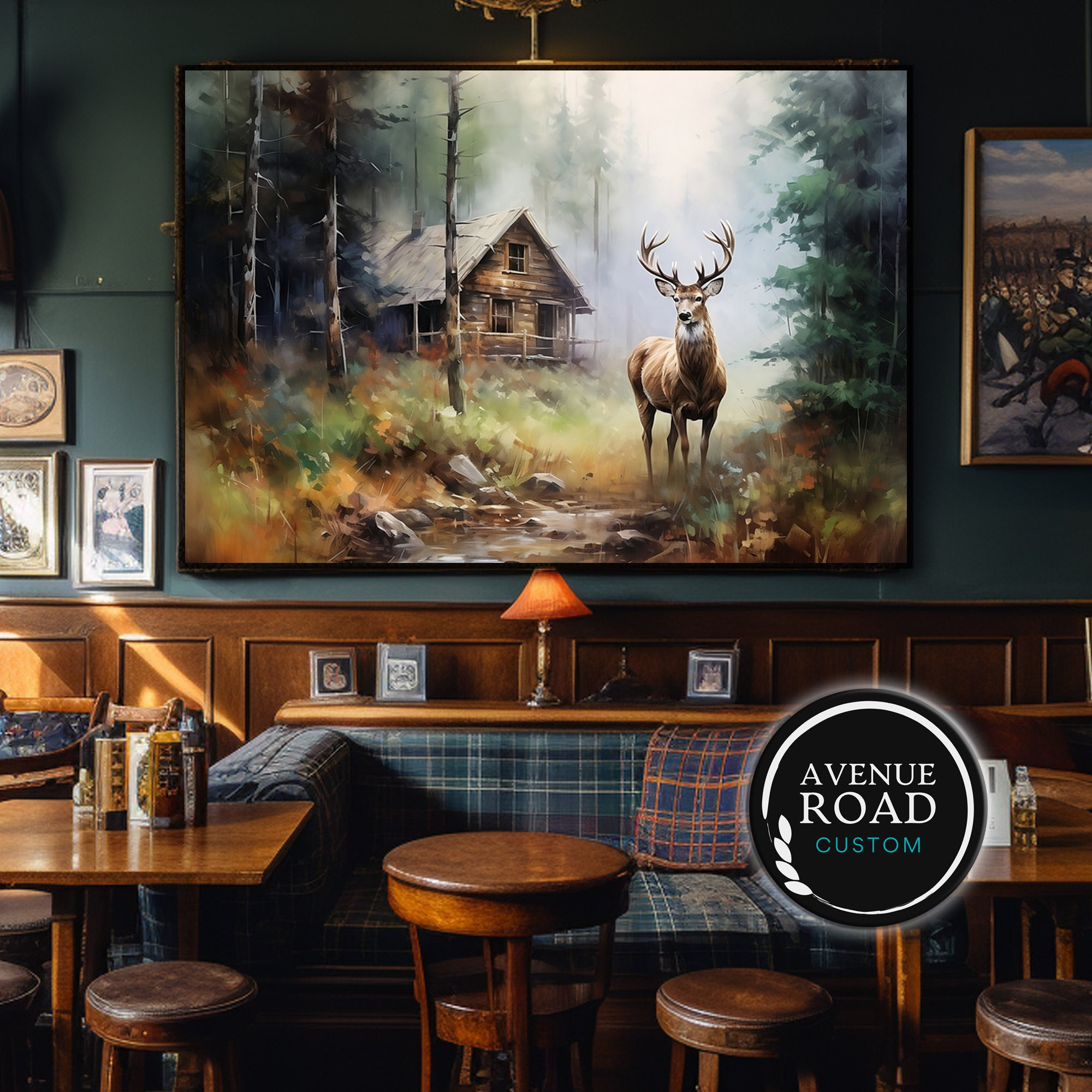 Majestic Stag Canvas Art: Riverside Log Cabin, Morning Mist - Etsy