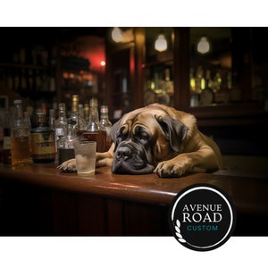 Bull Mastiffs Bar fixture Digital Poster, Mastiff at the bar hungover, Dogs and Drinks, Man Cave Art, Bar Decor, Game room fun accent piece