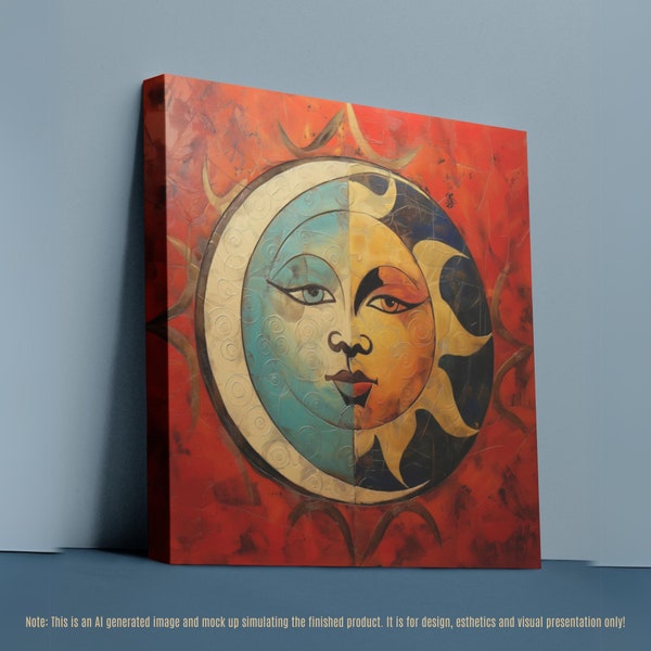 Celestial-inspired wall art, featuring a split-screen sun & moon face design on a bold red background, accented with faux gold leaf details!