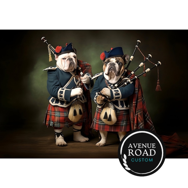 Englische Bulldogge Dudelsack Digital Poster! Dieses Duo in schottischen Insignien trägt traditionelle Kilts und ist mit Tartanmustern verziert.