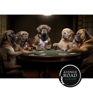 Engelse Mastiffs die poker spelen, Texas Holdem Bulldogs, man Cave Art, bardecor, veterinaire kantoorkunst, pokerminnende buddy, Engelse pubhonden