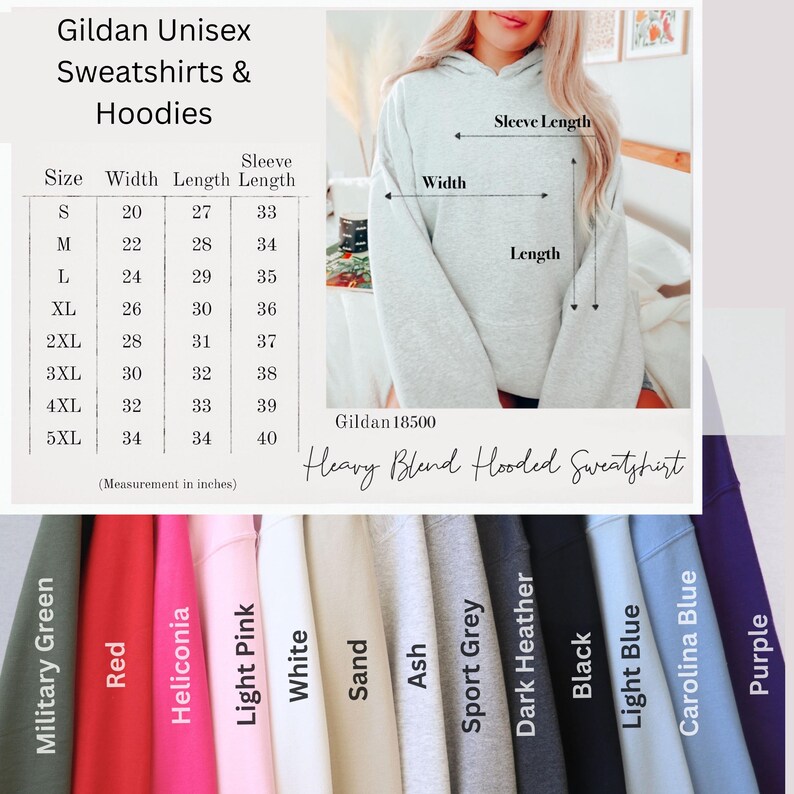 Pu&ograve; includere: Una felpa con cappuccio Gildan Heavy Blend grigio chiaro. L'immagine mostra le misure in pollici, insieme a una tabella colori con tonalit&agrave; come rosso, nero e viola. La felpa &egrave; disponibile nelle taglie S a 5XL.