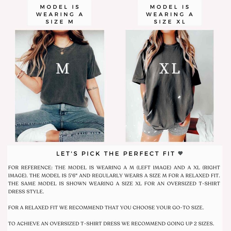 May include: Two side-by-side images of a charcoal grey t-shirt. The left image shows a size M with the text M, and the right image shows a size XL with the text XL. Text above reads MODEL IS WEARING A SIZE M and MODEL IS WEARING A SIZE XL.