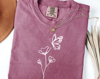 Butterfly Shirt Wildflower Tee Botanical Tshirt Cottagecore Nature Lover Gift Pollinator Garden T Shirt Floral Line Art Sweatshirt Hoodie
