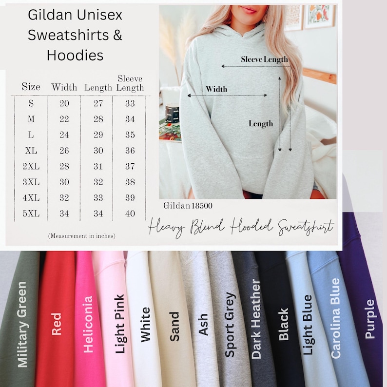 May include: A light gray Gildan Heavy Blend hooded sweatshirt. The image shows a size chart with measurements in inches for various sizes, ranging from S to 5XL. Color options include Military Green, Red, Heliconia, Light Pink, White, Sand, Ash, Sport Grey, Dark Heather, Black, Light Blue, Carolina Blue, and Purple.