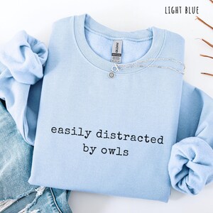 Puede incluir: Sudadera azul claro con el texto negro "easily distracted by owls". Un collar plateado con un peque&ntilde;o colgante est&aacute; sobre la sudadera. La sudadera est&aacute; doblada sobre unos vaqueros azules.