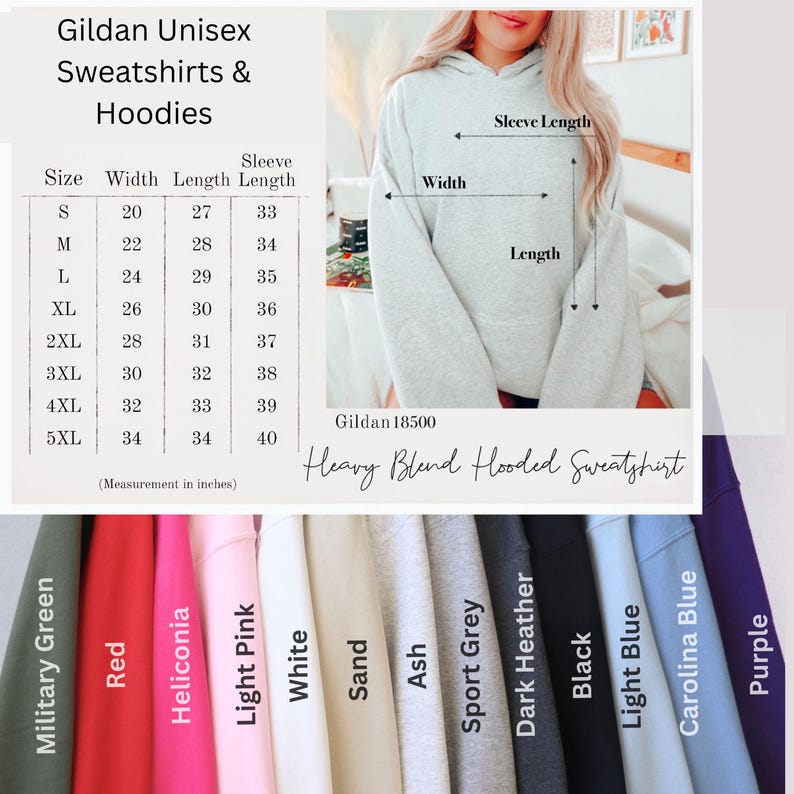 Pu&ograve; includere: Una felpa con cappuccio Gildan Heavy Blend grigio chiaro. L'immagine mostra le misure in pollici, insieme a una tabella colori con tonalit&agrave; come rosso, nero e viola. La felpa &egrave; disponibile nelle taglie S a 5XL.