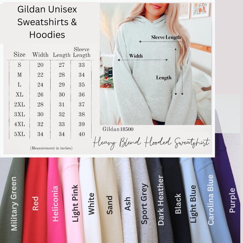 May include: A light grey Gildan 18500 Heavy Blend hooded sweatshirt with a size chart showing measurements in inches for sizes S through 5XL. Below the chart, a color palette displays fabric swatches in military green, red, heliconia, light pink, white, sand, ash, sport grey, dark heather, black, light blue, carolina blue, and purple.