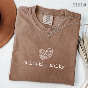 Pode incluir: Camiseta cor de caf&eacute; com o texto "a little salty" e um gr&aacute;fico de ostra branca. A camisa tem gola redonda e mangas curtas. Um colar de prata com um pequeno pingente est&aacute; drapeado sobre a camisa.