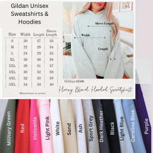 May include: A light gray hooded sweatshirt with a size chart displaying width, length, and sleeve length in inches. Below, a color palette shows fabric swatches in military green, red, heliconia, light pink, white, sand, ash, sport grey, dark heather, black, light blue, carolina blue, and purple.