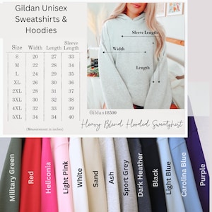 May include: A light gray Gildan Heavy Blend hooded sweatshirt. The image shows the sweatshirt's measurements in inches, along with a color chart featuring shades like red, black, and purple. The sweatshirt is available in sizes S to 5XL.