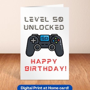Cartão de aniversário de 50 anos para impressão, cartão de aniversário engraçado para jogadores de videogame, presente de aniversário de 50 anos, cartão de aniversário para impressão, cartão de aniversário para amantes de videogame, marco de 50 anos, genx