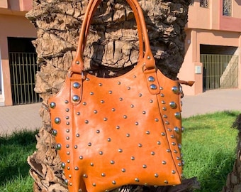 Handmade Leather Crossbody Tote: Boho Studded Design