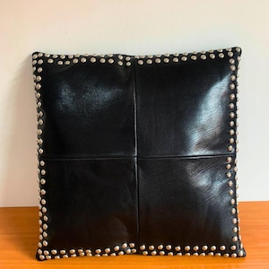 Cognac Square Leather Pillow Cover, Decorative Black Leather Pillow Case, Black Leather Cushion,Handmade Lether Throw Pillow Cover