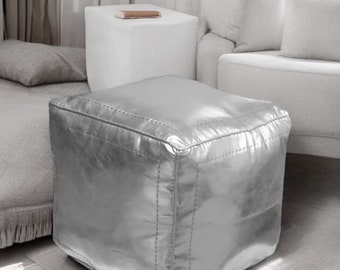 Handmade Moroccan Faux Leather Pouf: Silver Square Ottoman Footstool (Unstuffed)