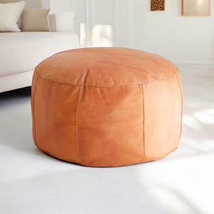 Round Leather Ottoman Pouf, Handmade Moroccan leather pouf, Made from 100% genuine full-grain leather, vegetable-tanned and chemical-free