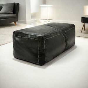 Handmade Black Leather Pouf: Rectangular Moroccan Ottoman Footrest (Unstuffed)