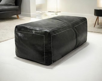 Handmade Black Leather Pouf: Rectangular Moroccan Ottoman Footrest (Unstuffed)